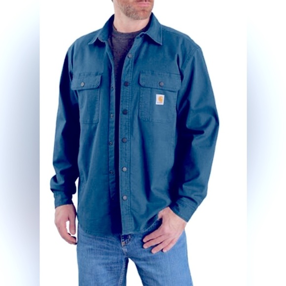 Carhartt Cotton Canvas Shirt Jacket Fleece Lined Button Up Relaxed Fit Blue 2XL - Picture 1 of 16